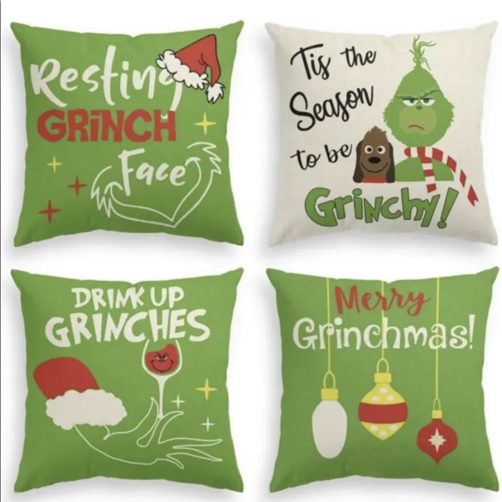 Set of 4 Christmas Grinch Throw Pillow Covers Only 18 x 18 Inch Merry Grinchmas